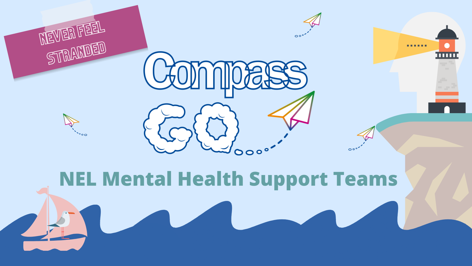 Compass GO... logo and cartoon image showing the sea and a lighthouse on cliffs