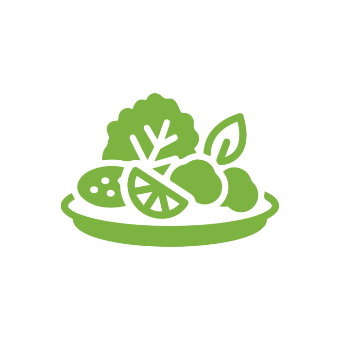 Green plate of fruit and vegetables icon.